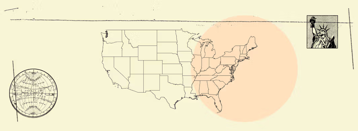 A graphic with a map of the United States and an image of the Statue of Liberty